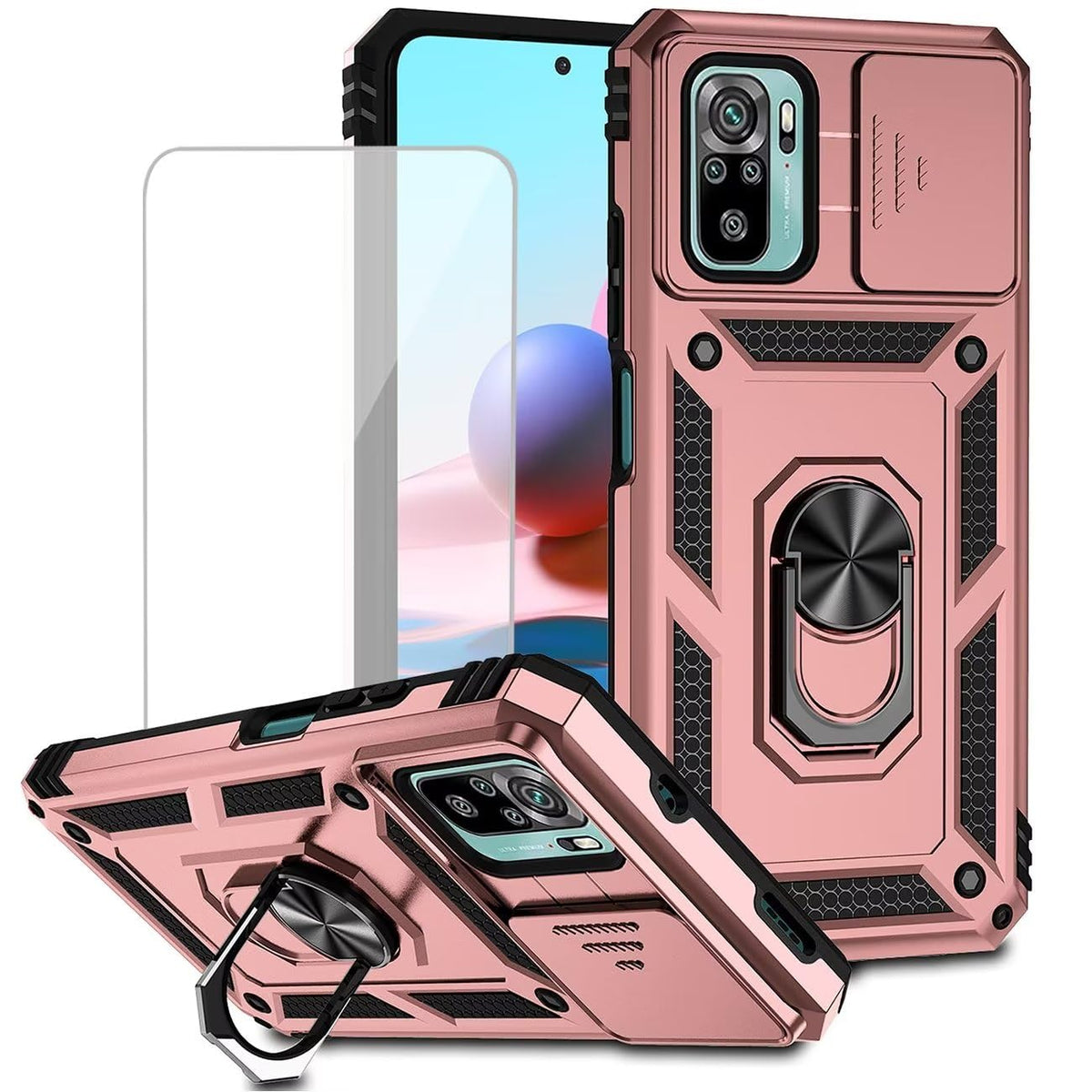 Magnetic phone case for Redmi Note 10/Redmi Note 10S/Poco M5S, with tempered glass screen protector.