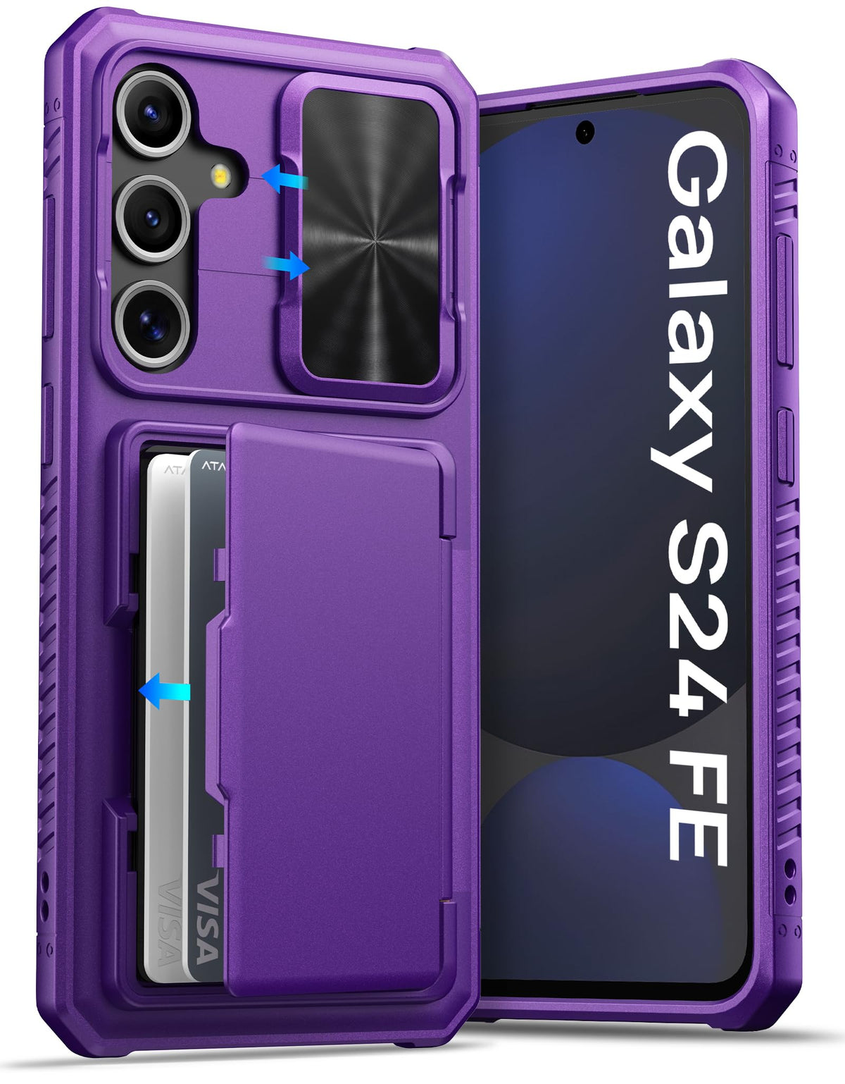 Military-grade shockproof phone case for Samsung Galaxy S24, with built-in card holder.