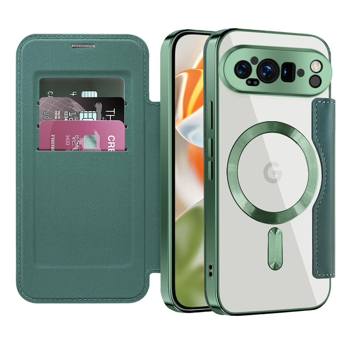 Flip wallet-style PU leather phone case for Google Pixel 10, MagSafe compatible.