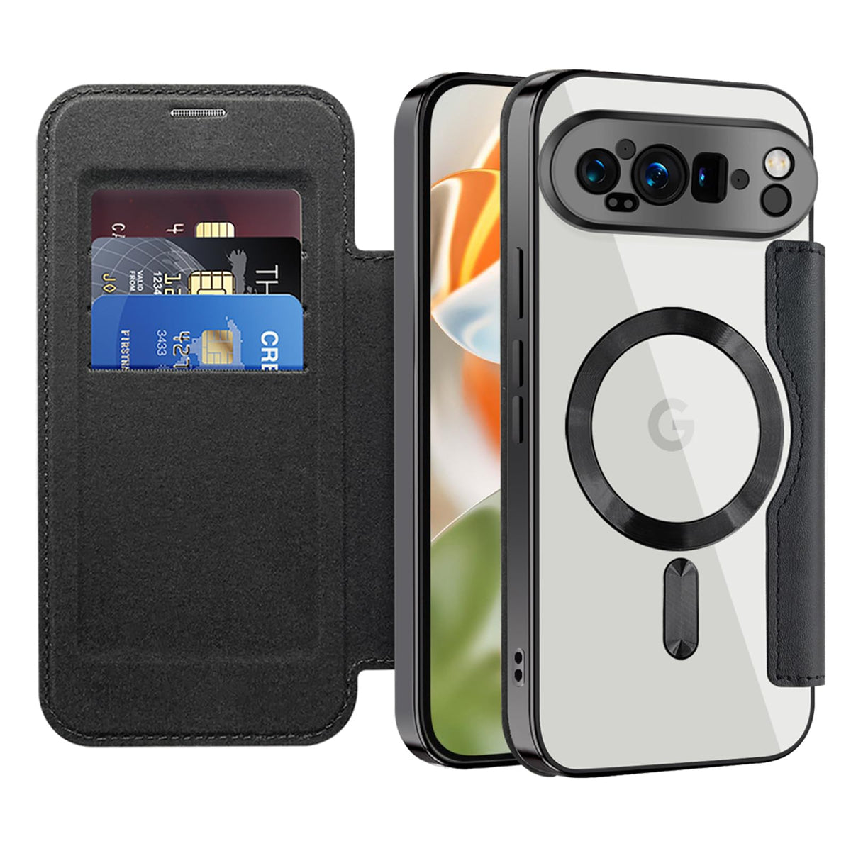 Flip wallet-style PU leather phone case for Google Pixel 10, MagSafe compatible.