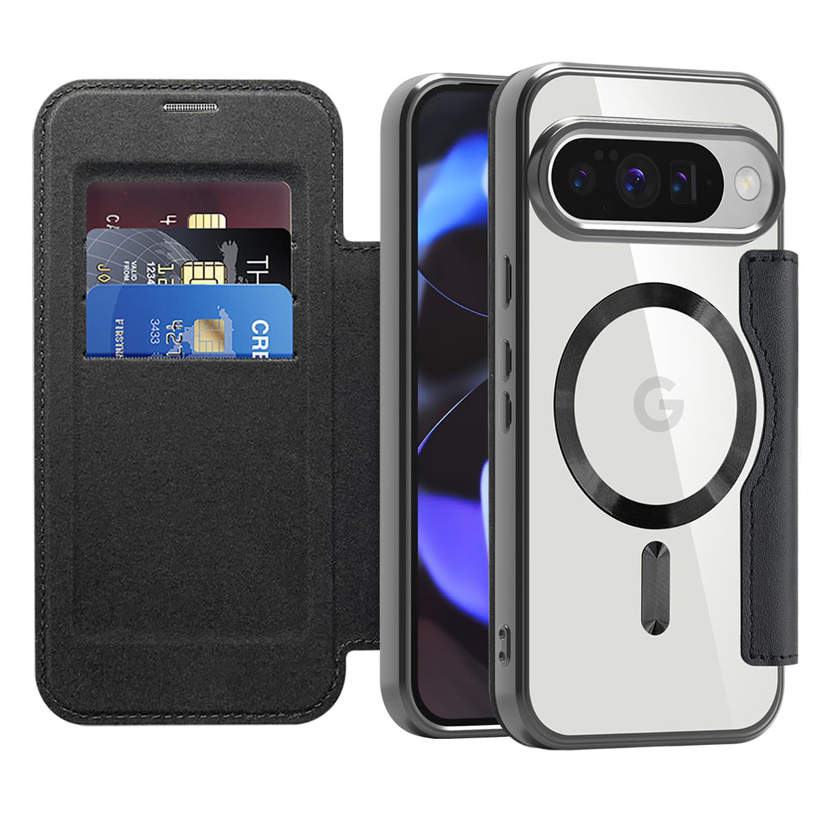 Flip wallet-style PU leather phone case for Google Pixel 10, MagSafe compatible.