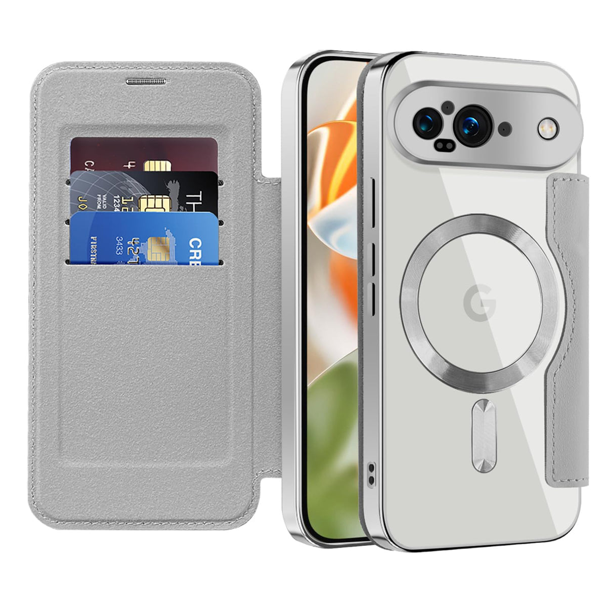 Flip wallet-style PU leather phone case for Google Pixel 10, MagSafe compatible.