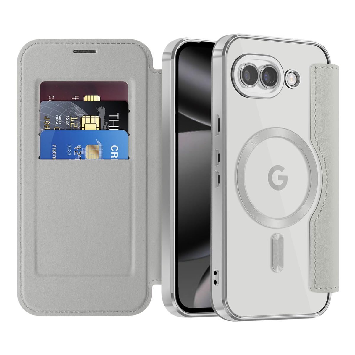 Flip wallet-style PU leather phone case for Google Pixel 10, MagSafe compatible.