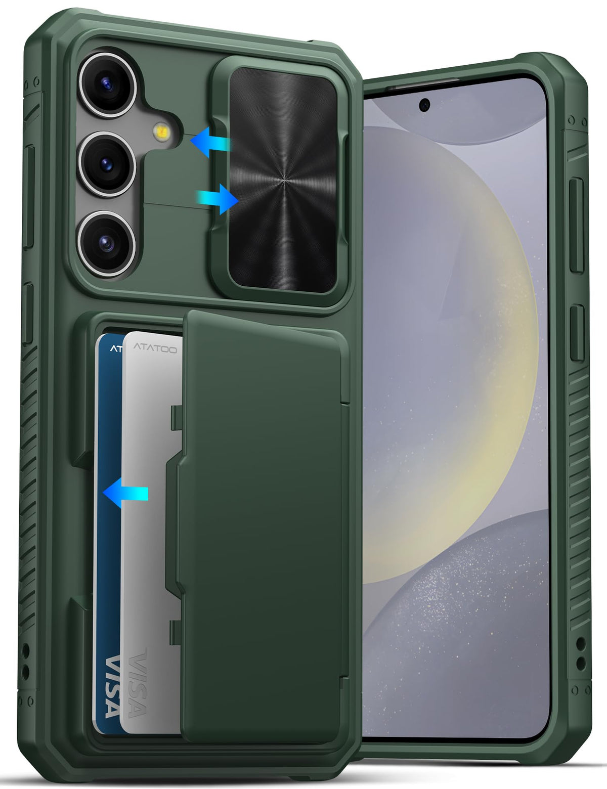 Military-grade shockproof phone case for Samsung Galaxy S24, with built-in card holder.
