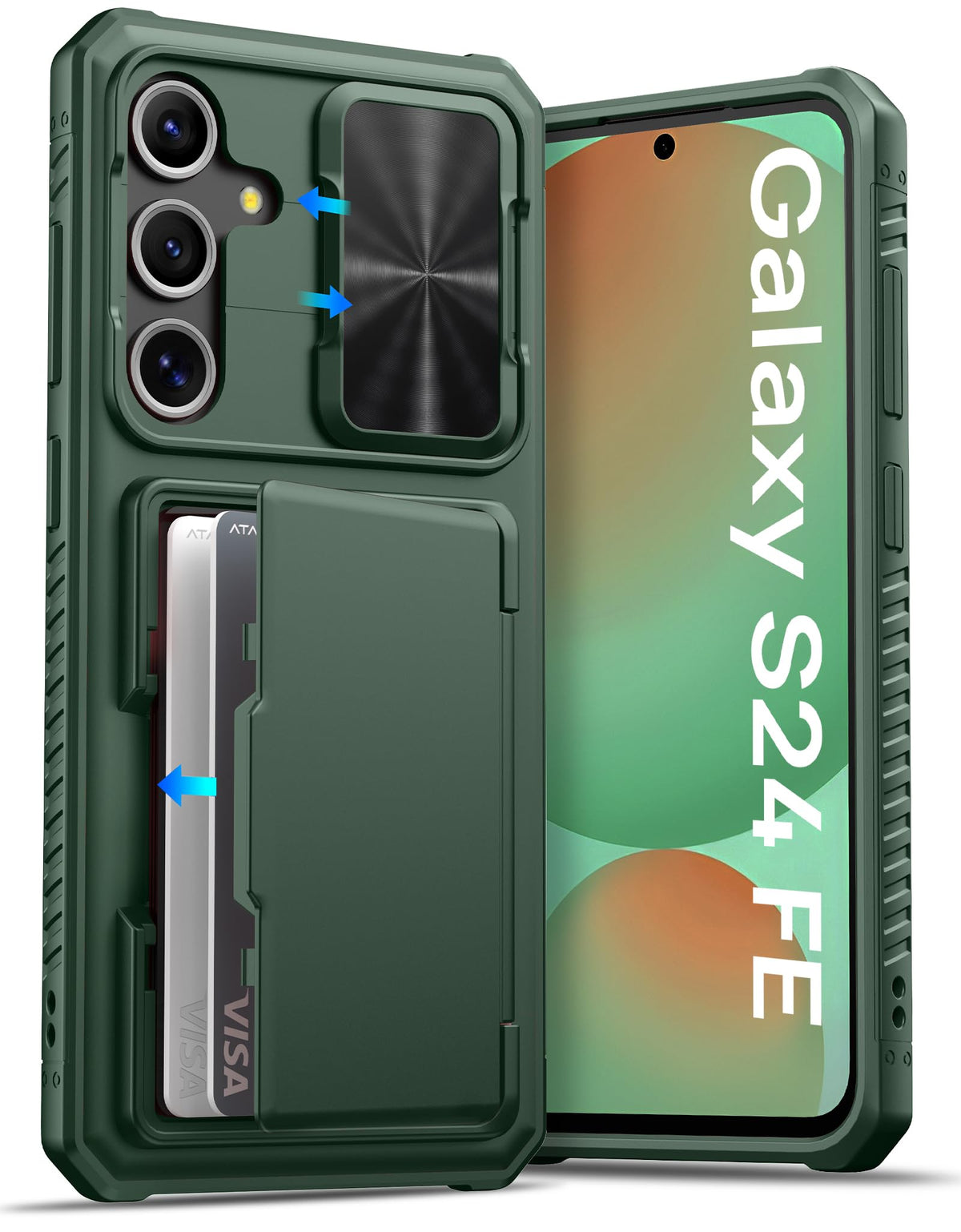 Military-grade shockproof phone case for Samsung Galaxy S24, with built-in card holder.