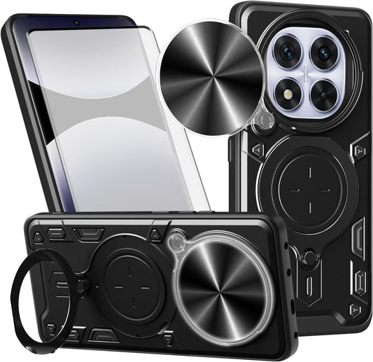 TPU phone case for Xiaomi Redmi Note 14 Pro 5G, with tempered glass screen protector and ring holder.
