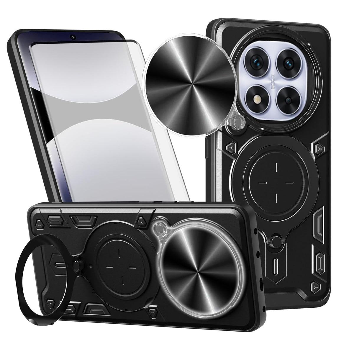 TPU phone case for Xiaomi Redmi Note 14 Pro 5G, with tempered glass screen protector and ring holder.