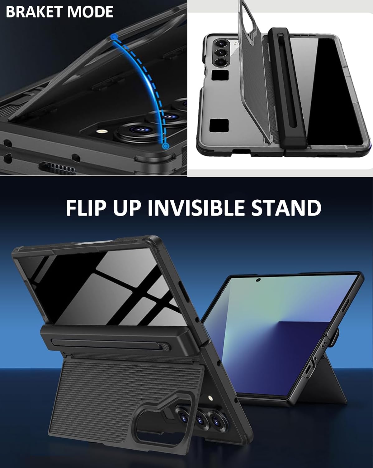 A hinged TPU phone case for the Samsung Galaxy Z Fold 7 with an S Pen slot, stylus, and hidden stand.