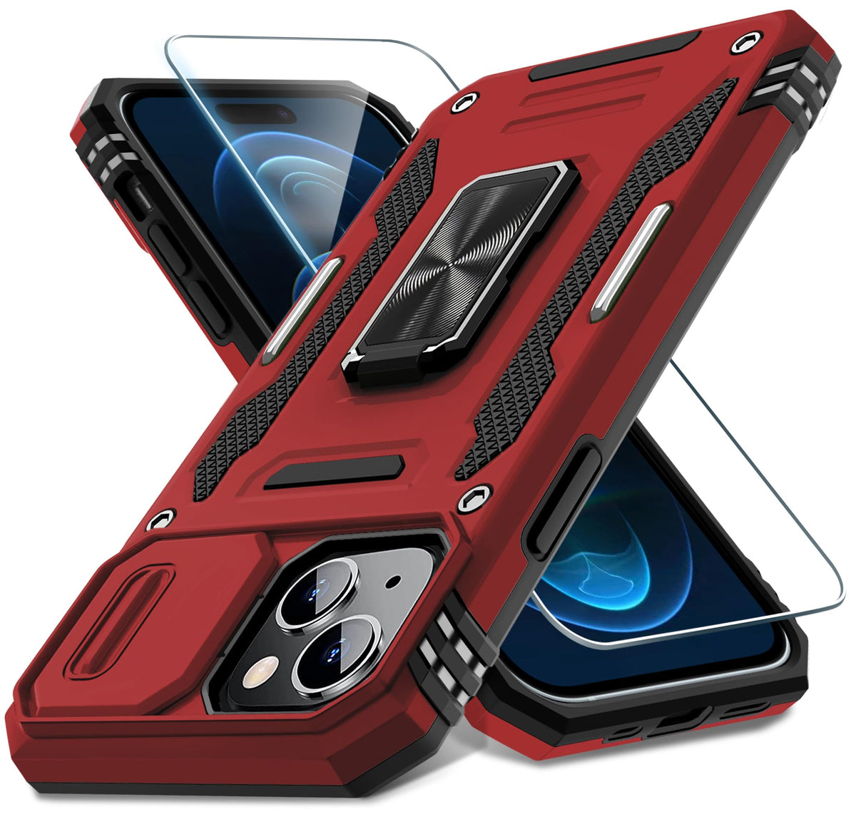 Military-grade shockproof phone case for iPhone 15 Plus with sliding camera cover and screen protector (1 piece)