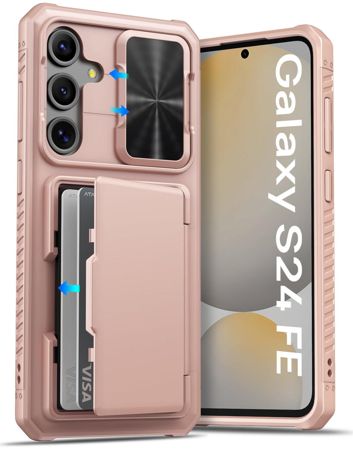 Military-grade shockproof phone case for Samsung Galaxy S24, with built-in card holder.
