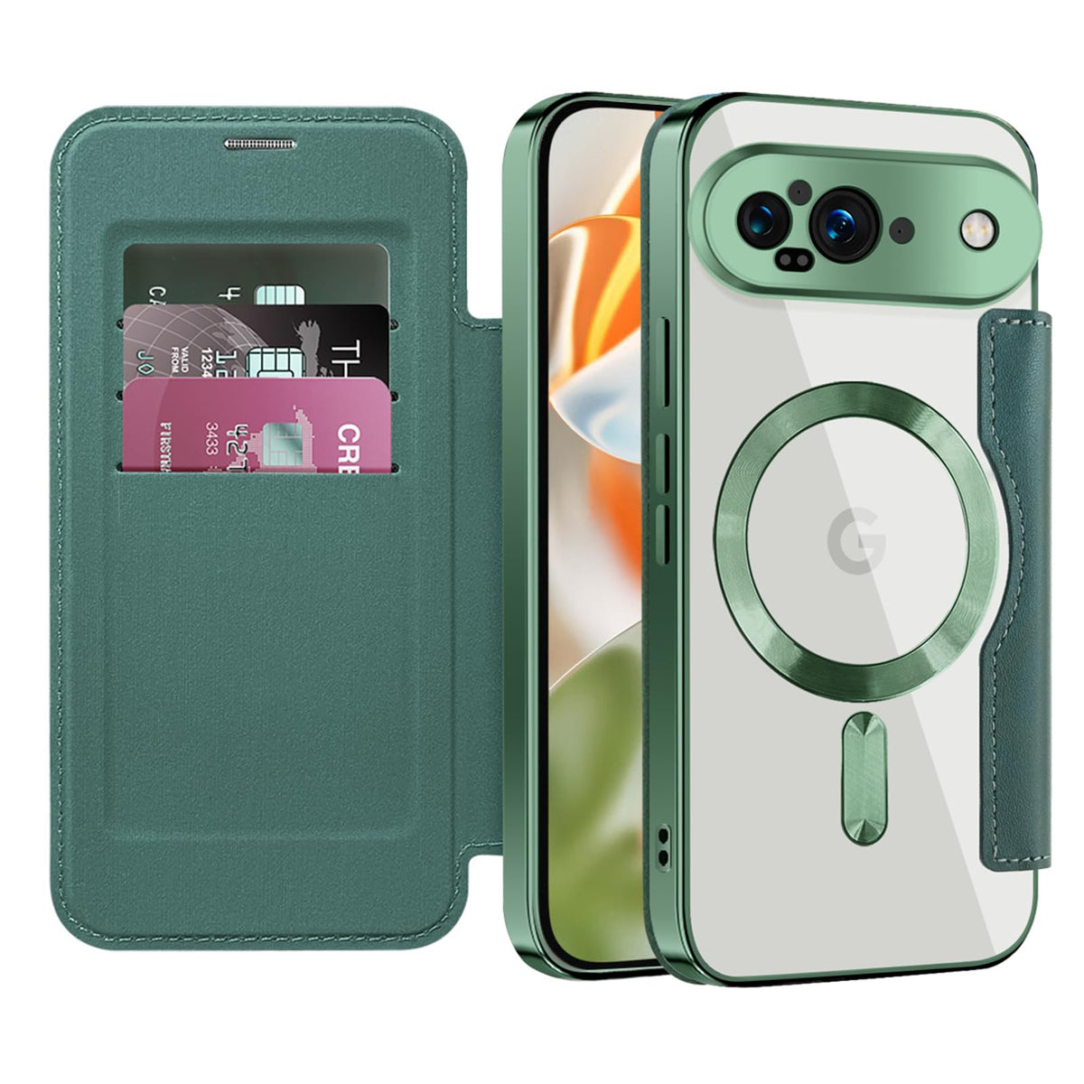 Flip wallet-style PU leather phone case for Google Pixel 10, MagSafe compatible.