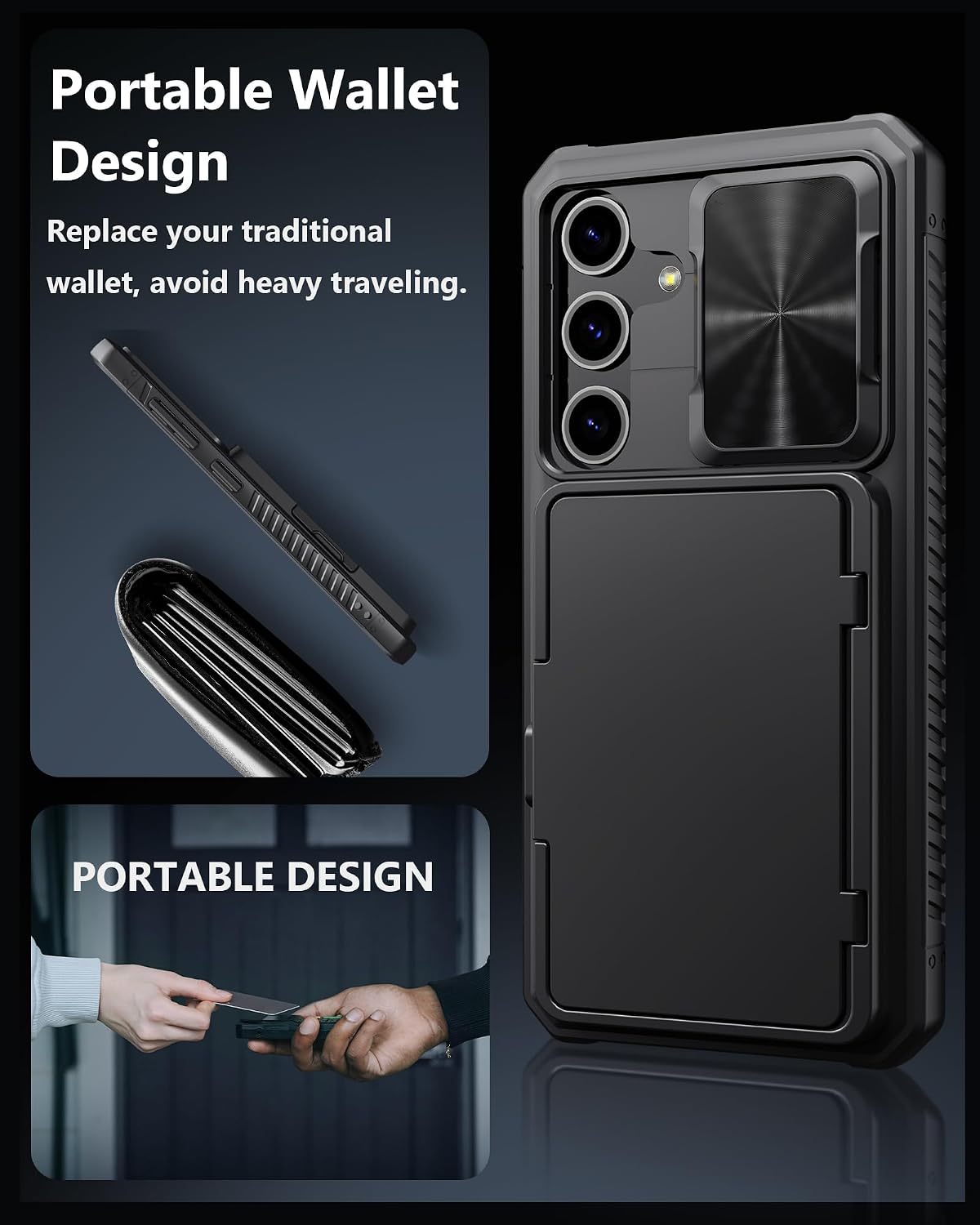 Military-grade shockproof phone case for Samsung Galaxy S24, with built-in card holder.