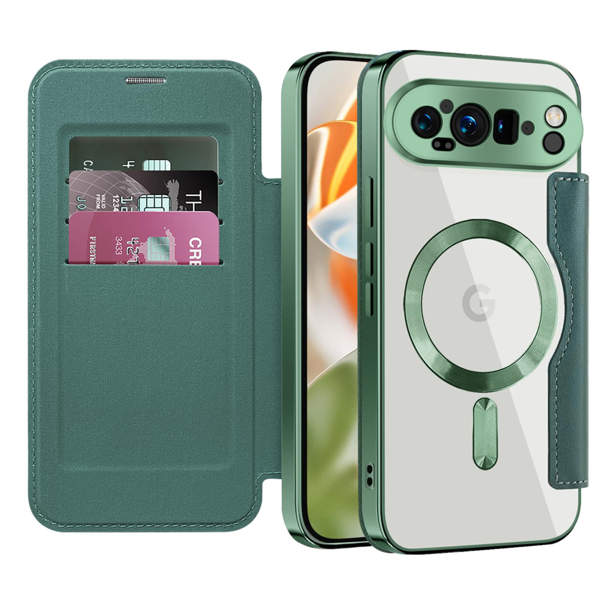 Flip wallet-style PU leather phone case for Google Pixel 10, MagSafe compatible.