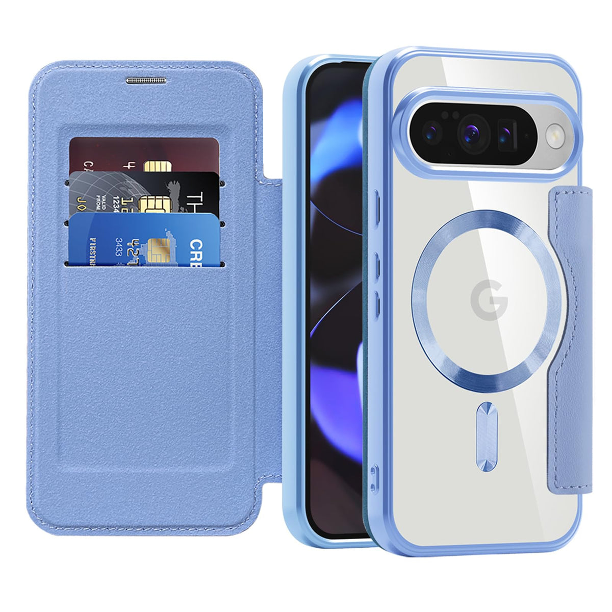 Flip wallet-style PU leather phone case for Google Pixel 10, MagSafe compatible.