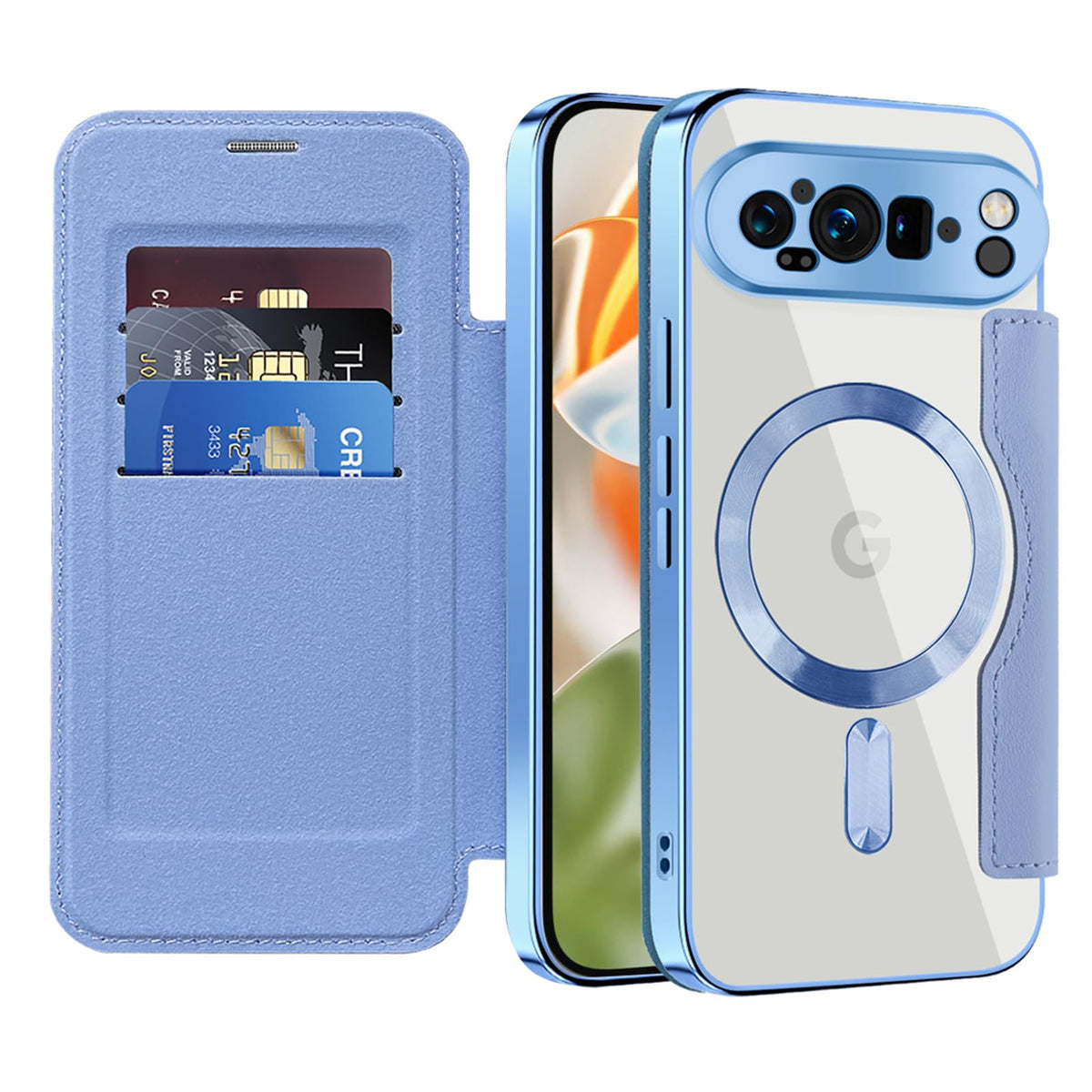 Flip wallet-style PU leather phone case for Google Pixel 10, MagSafe compatible.
