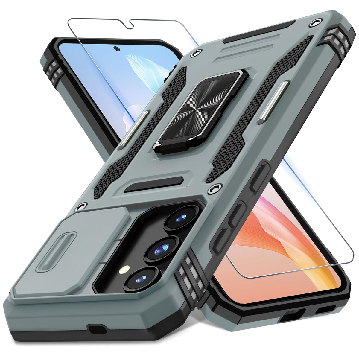 Military-grade shockproof phone case for Samsung Galaxy S25 with sliding camera cover and screen protector (1 piece)
