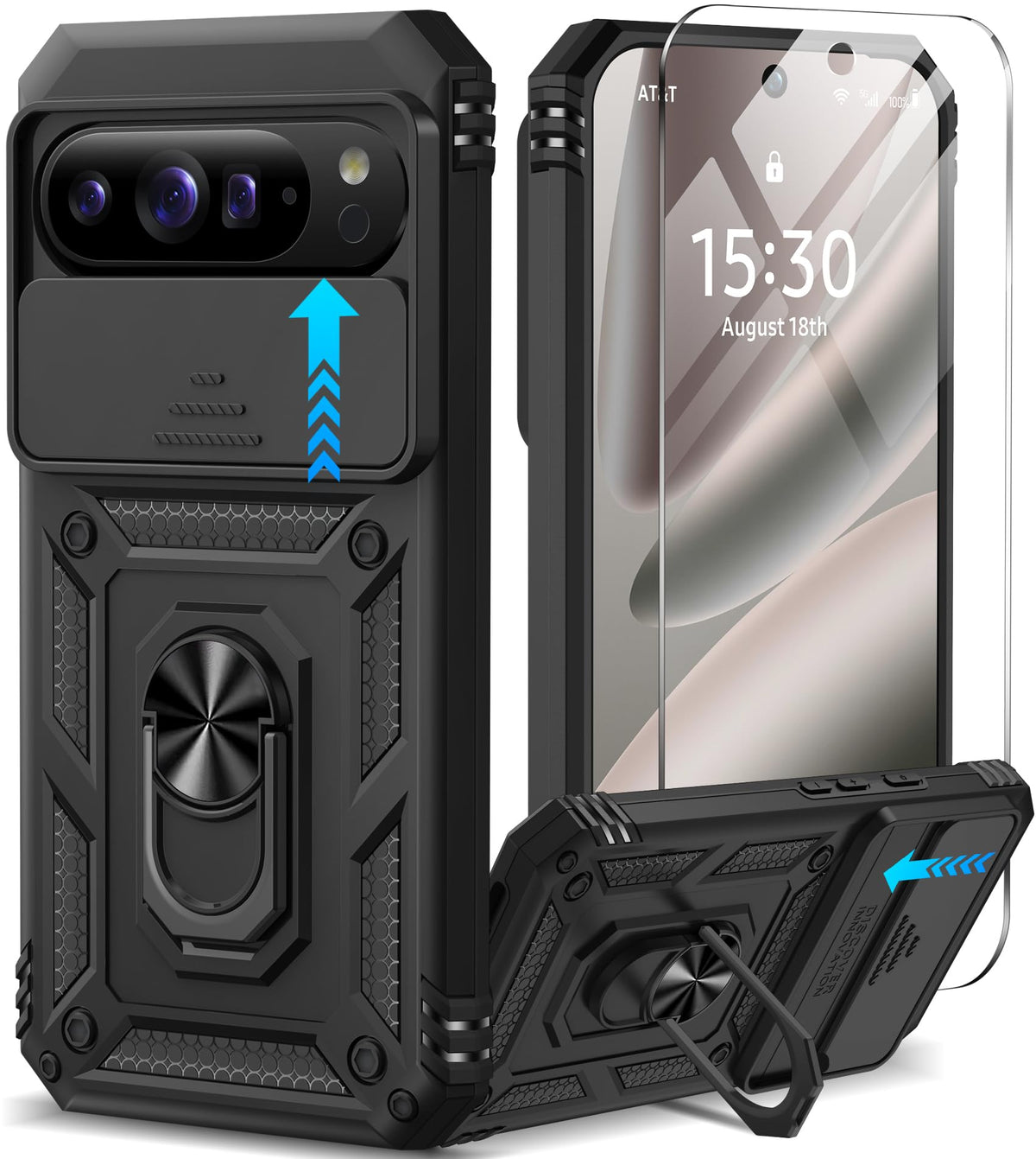 Shockproof phone case for Google Pixel 11 Pro XL with screen protector and sliding camera lens cover, and built-in 360¡ã rotating magnetic ring holder.