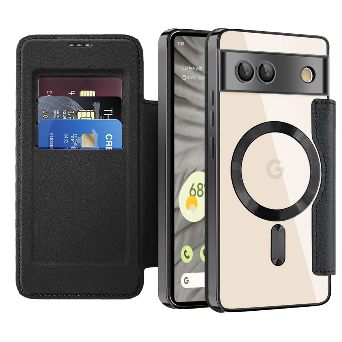 Flip wallet-style PU leather phone case for Google Pixel 10, MagSafe compatible.