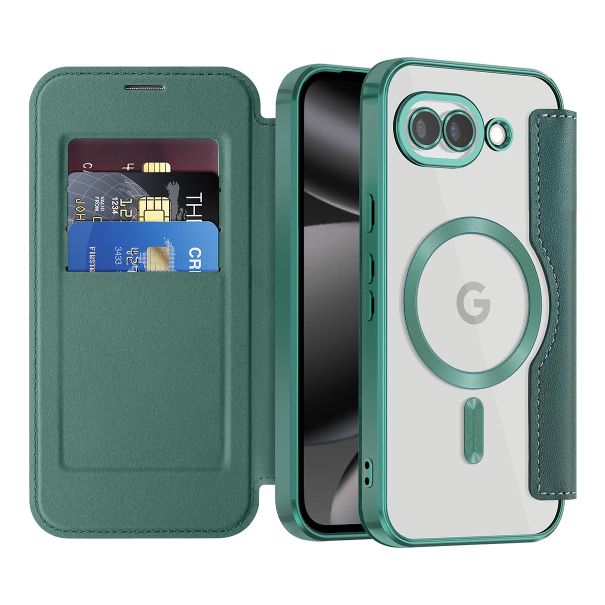 Flip wallet-style PU leather phone case for Google Pixel 10, MagSafe compatible.