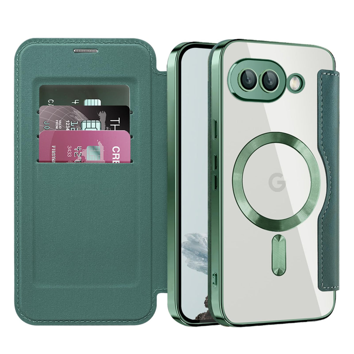 Flip wallet-style PU leather phone case for Google Pixel 10, MagSafe compatible.