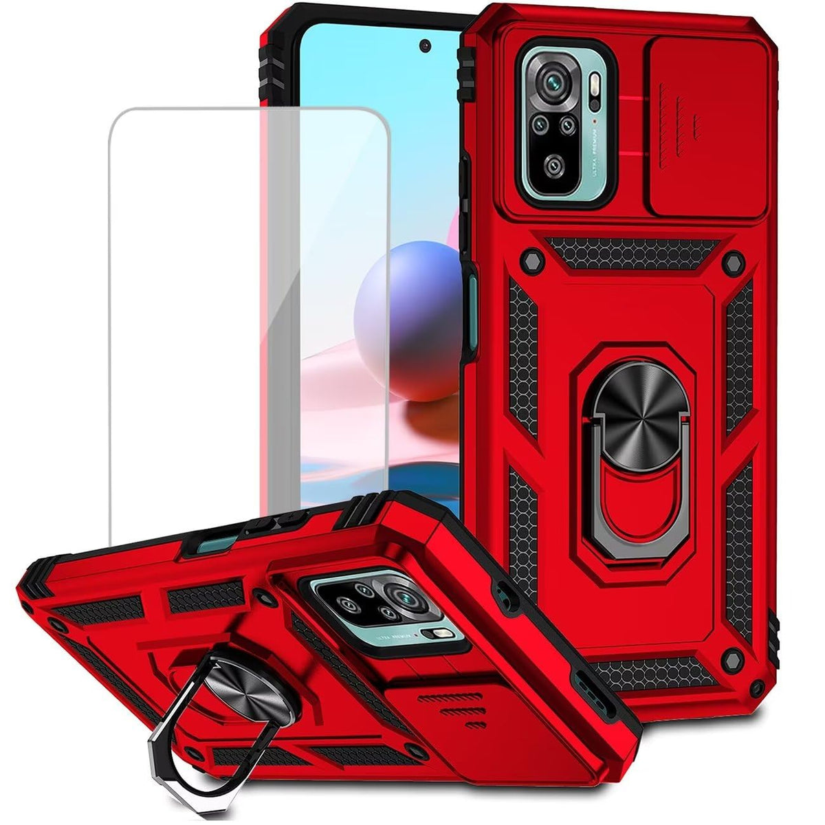 Magnetic phone case for Redmi Note 10/Redmi Note 10S/Poco M5S, with tempered glass screen protector.