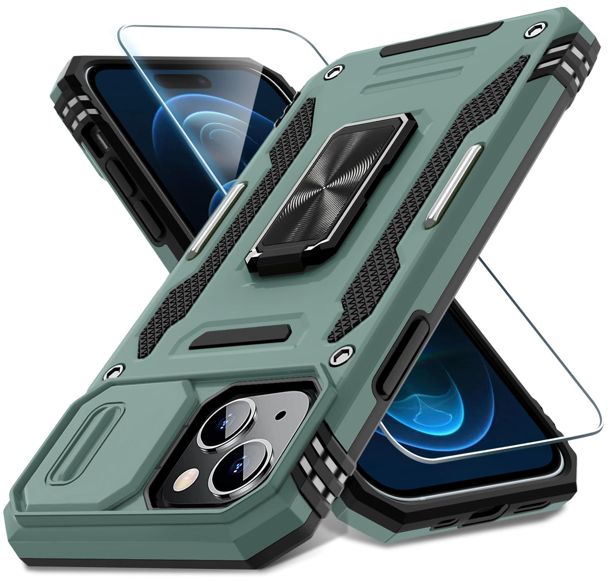 Military-grade shockproof phone case for iPhone 15 Plus with sliding camera cover and screen protector (1 piece)