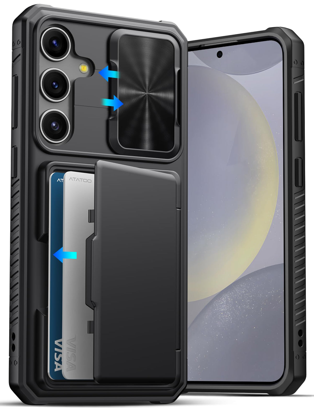 Military-grade shockproof phone case for Samsung Galaxy S24, with built-in card holder.