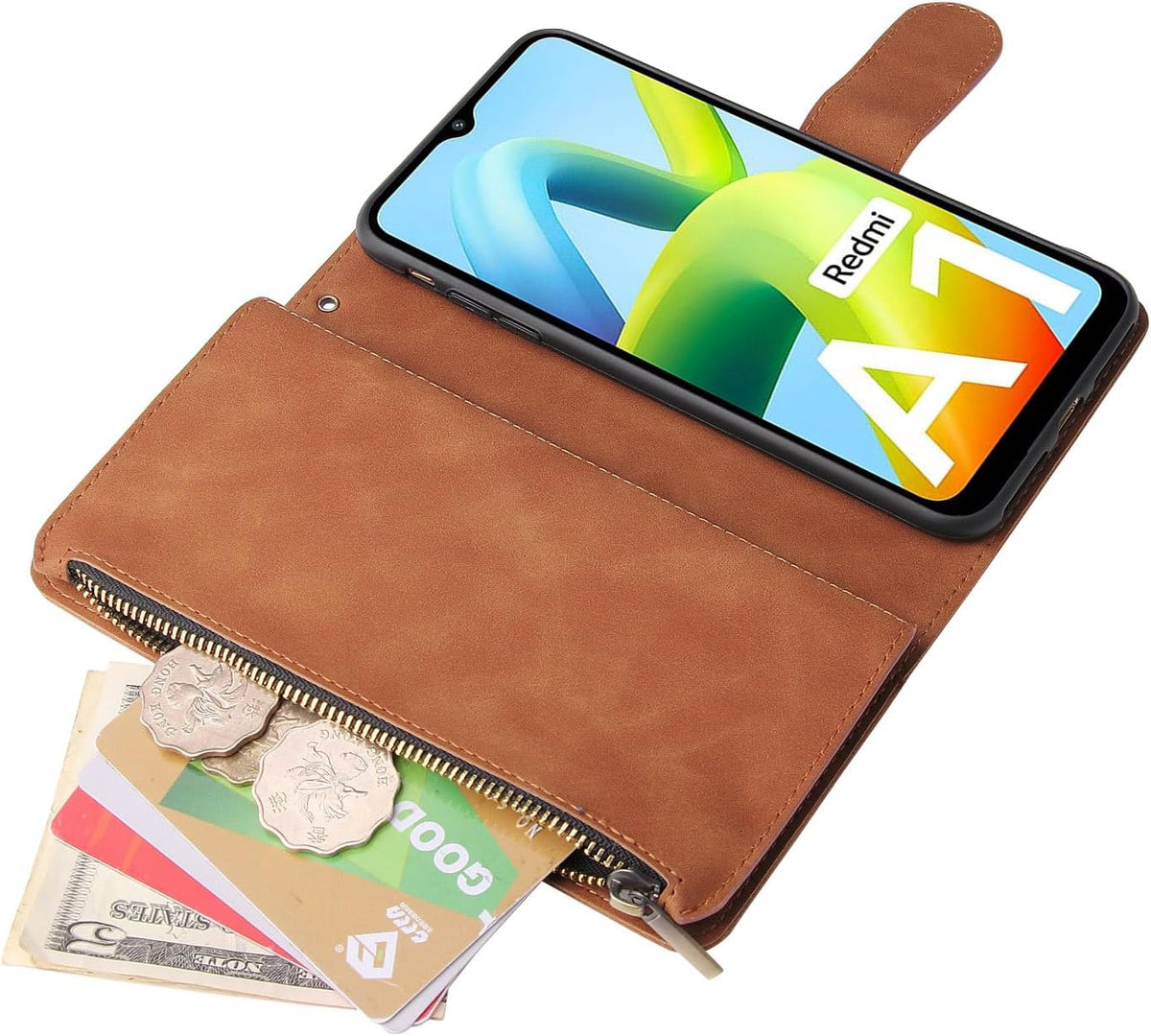 Leather wallet-style phone case with tempered glass screen protector for Xiaomi Redmi A1