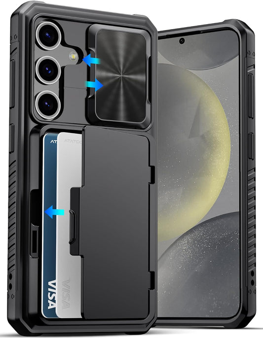 Military-grade shockproof phone case for Samsung Galaxy S24, with built-in card holder.
