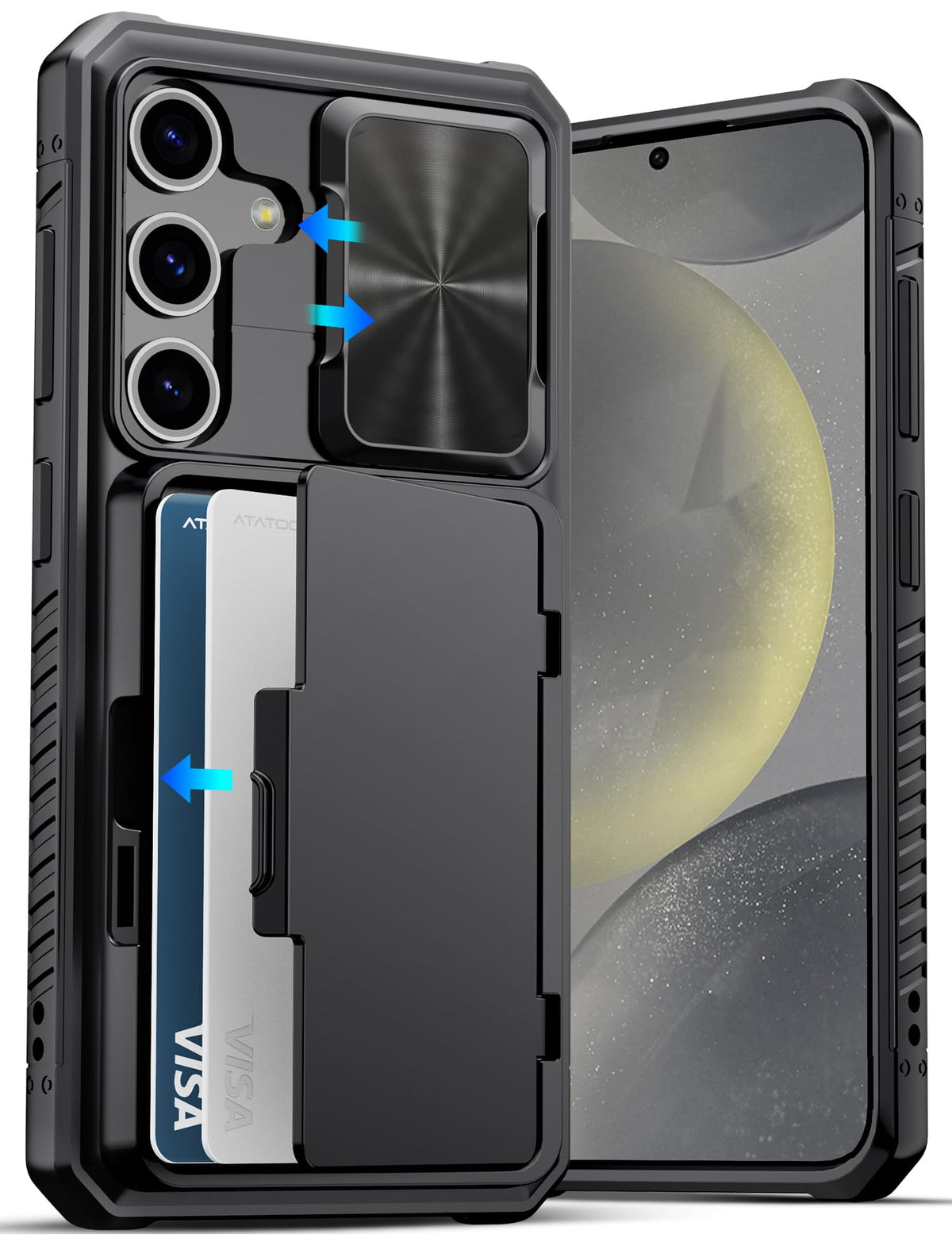 Military-grade shockproof phone case for Samsung Galaxy S24, with built-in card holder.