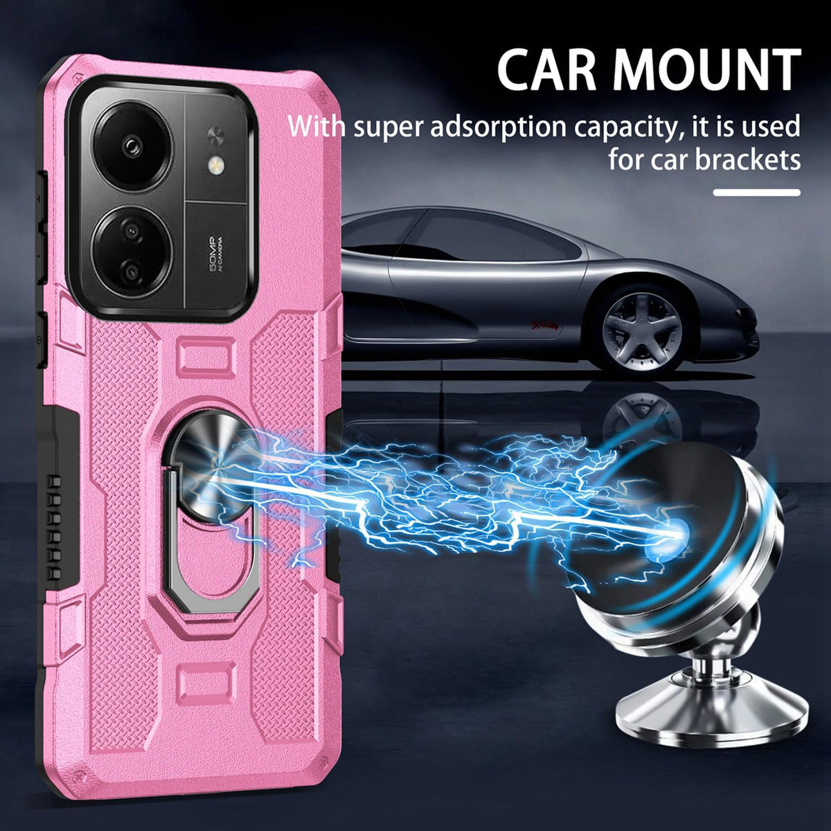 Magnetic phone case for Redmi 13C 4G/Poco C65, with tempered glass screen protector.