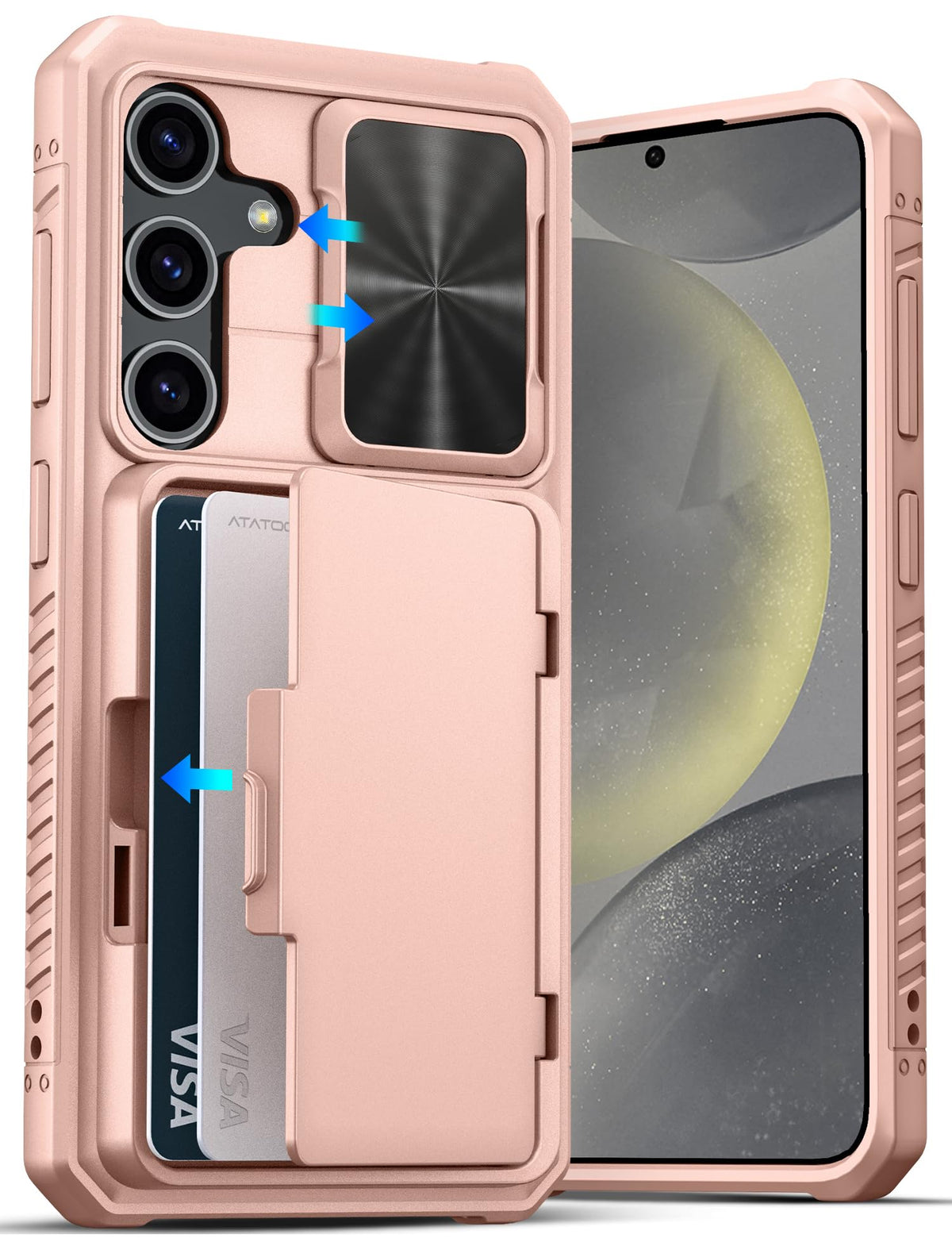 Military-grade shockproof phone case for Samsung Galaxy S24, with built-in card holder.