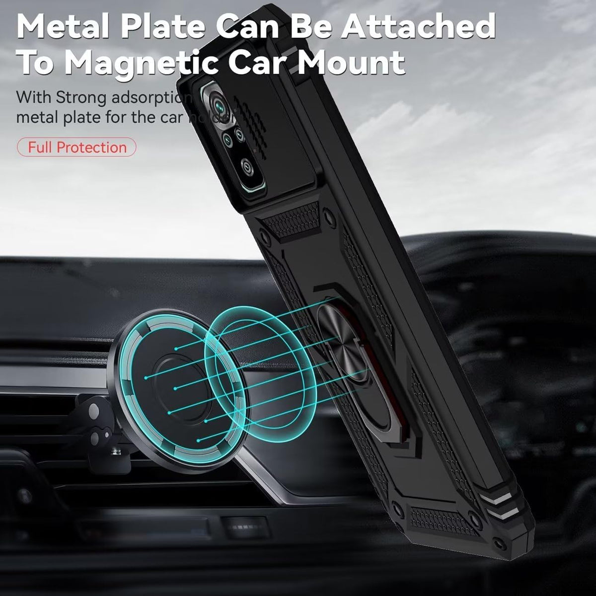 Magnetic phone case for Redmi Note 10/Redmi Note 10S/Poco M5S, with tempered glass screen protector.