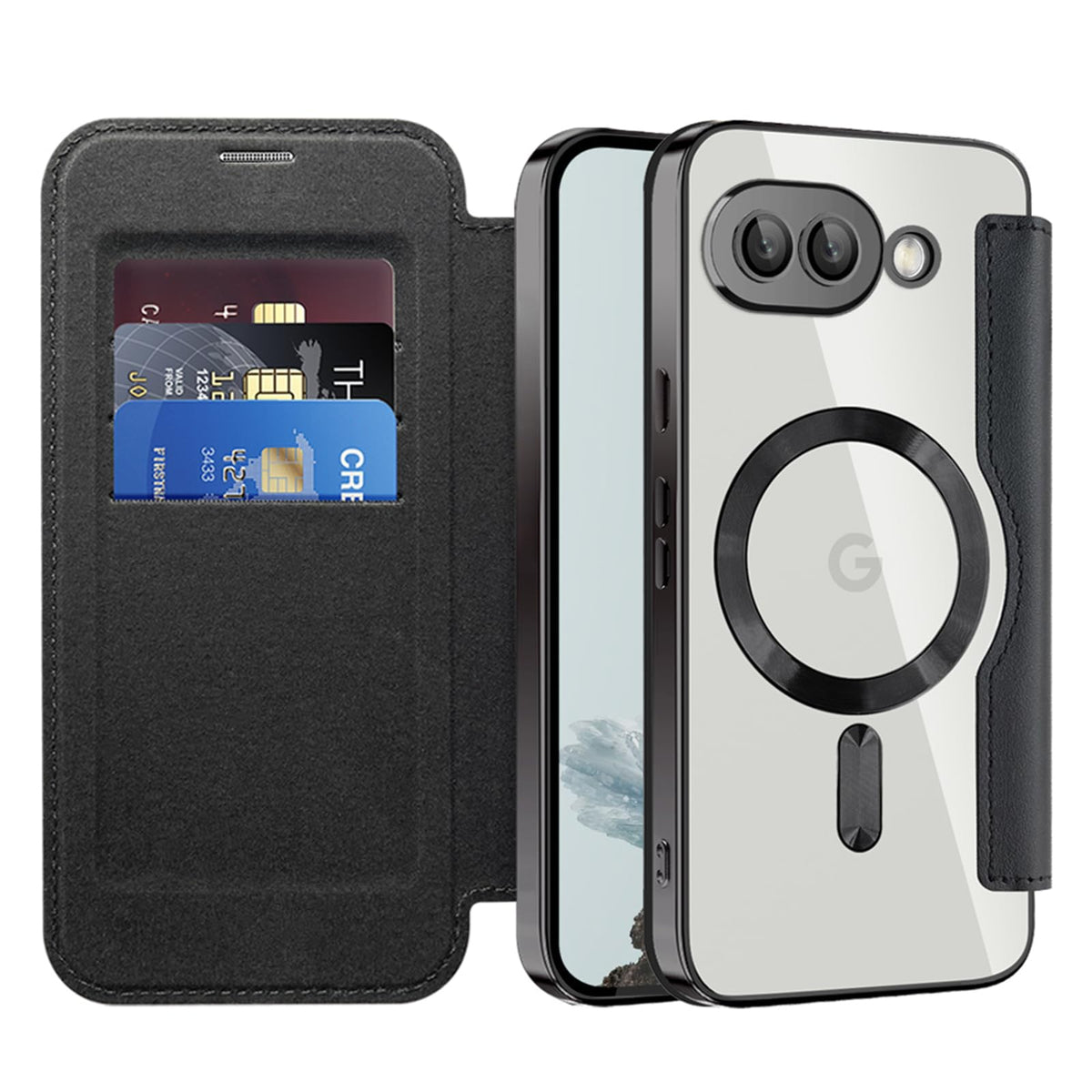 Flip wallet-style PU leather phone case for Google Pixel 10, MagSafe compatible.