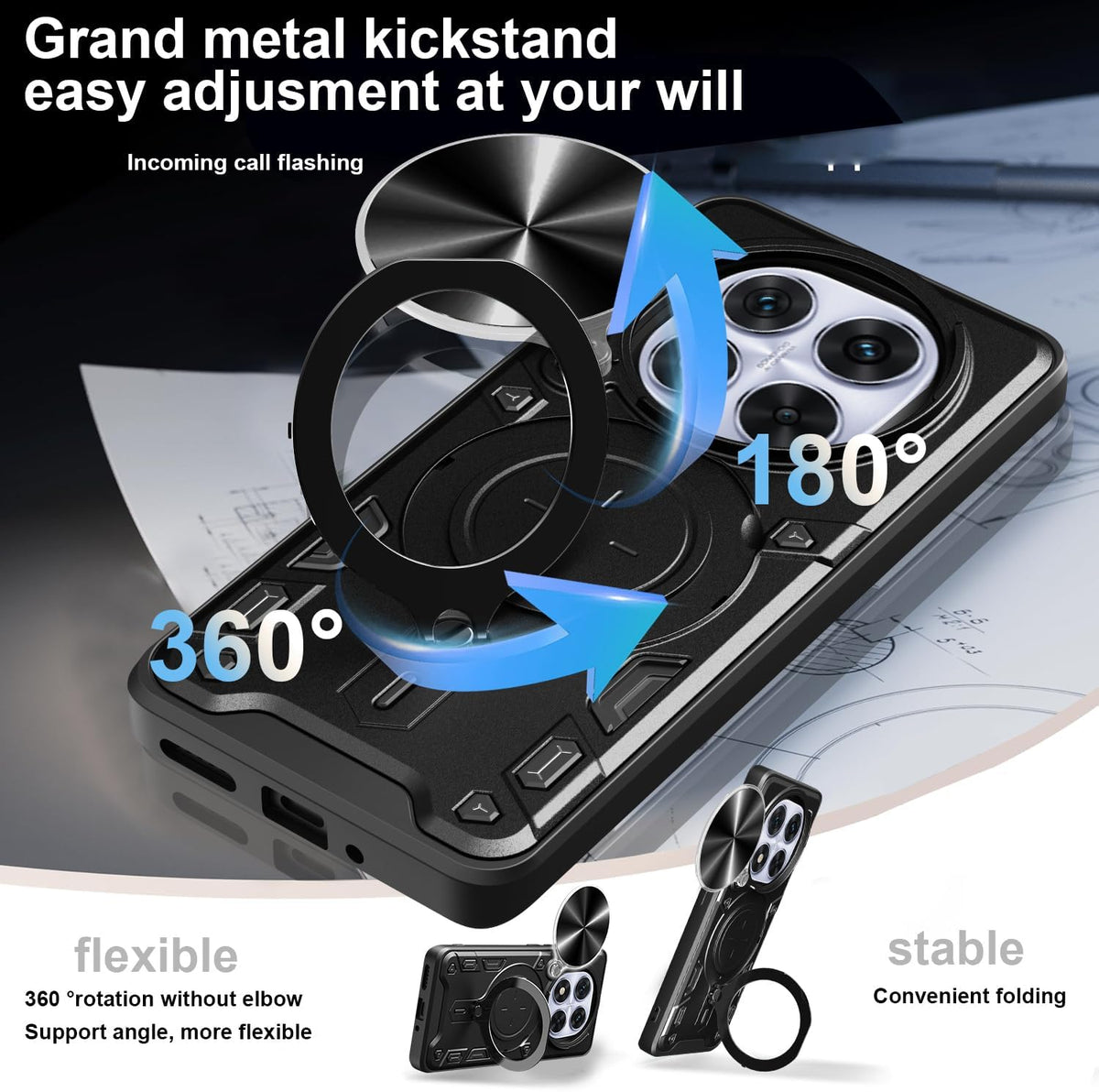 TPU phone case for Xiaomi Redmi Note 14 Pro 5G, with tempered glass screen protector and ring holder.