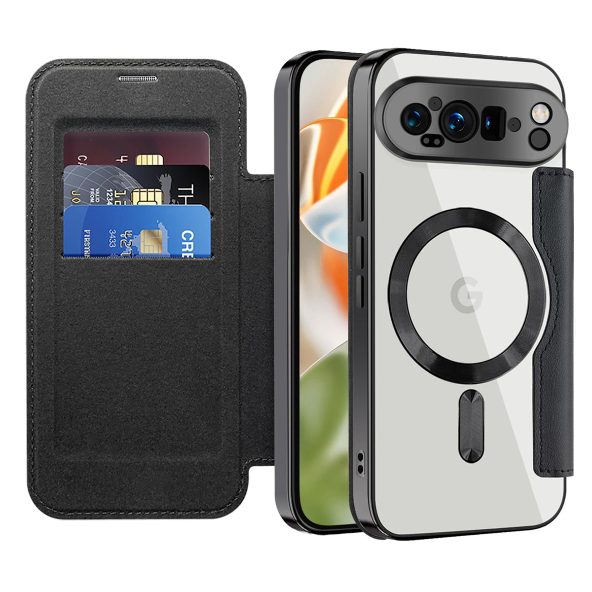 Flip wallet-style PU leather phone case for Google Pixel 10, MagSafe compatible.