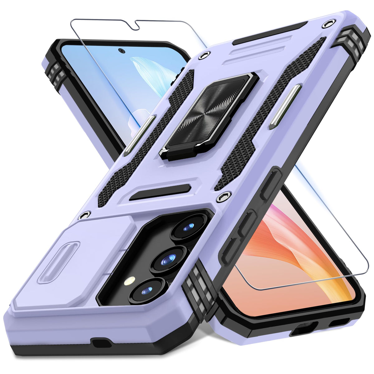 Military-grade shockproof phone case for Samsung Galaxy S25 with sliding camera cover and screen protector (1 piece)
