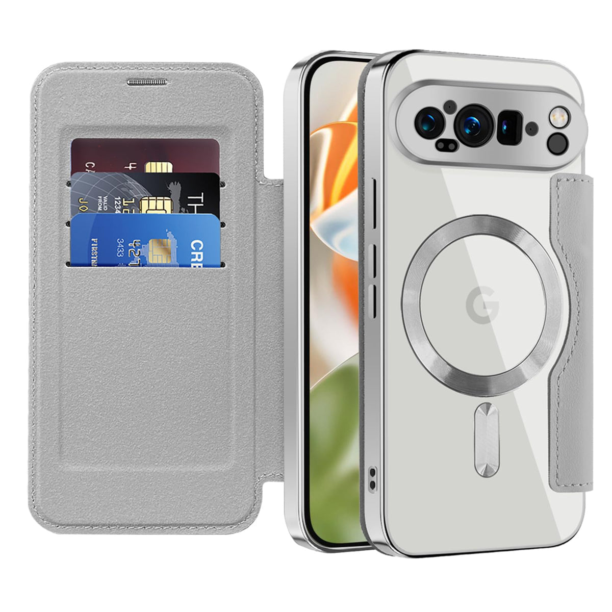 Flip wallet-style PU leather phone case for Google Pixel 10, MagSafe compatible.