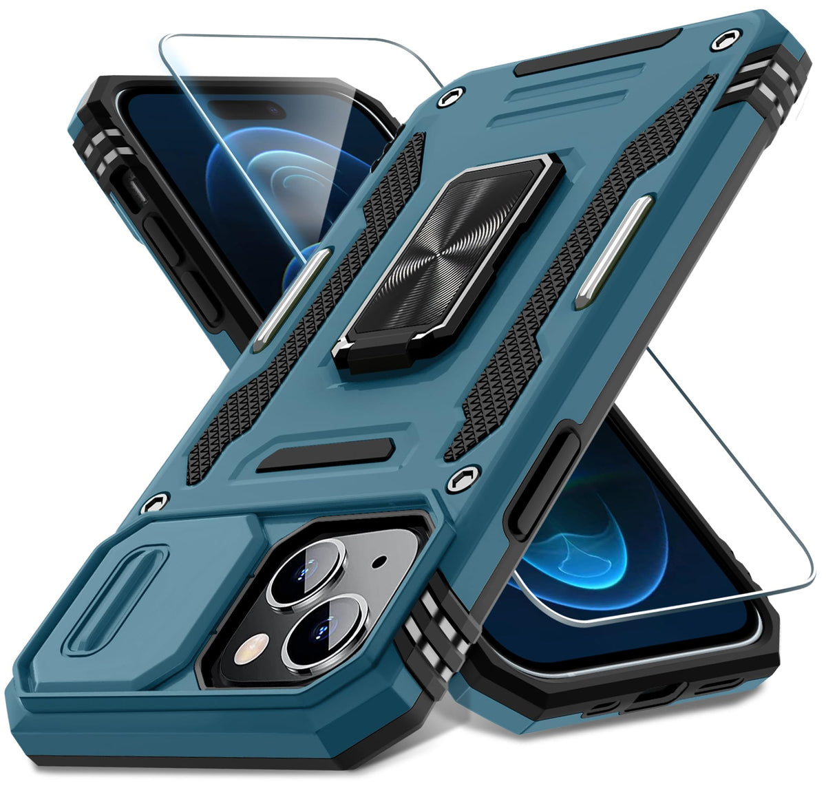 Military-grade shockproof phone case for iPhone 15 Plus with sliding camera cover and screen protector (1 piece)