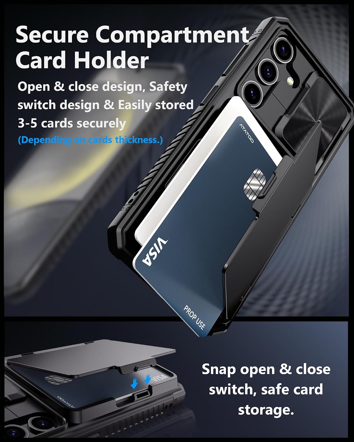 Military-grade shockproof phone case for Samsung Galaxy S24, with built-in card holder.