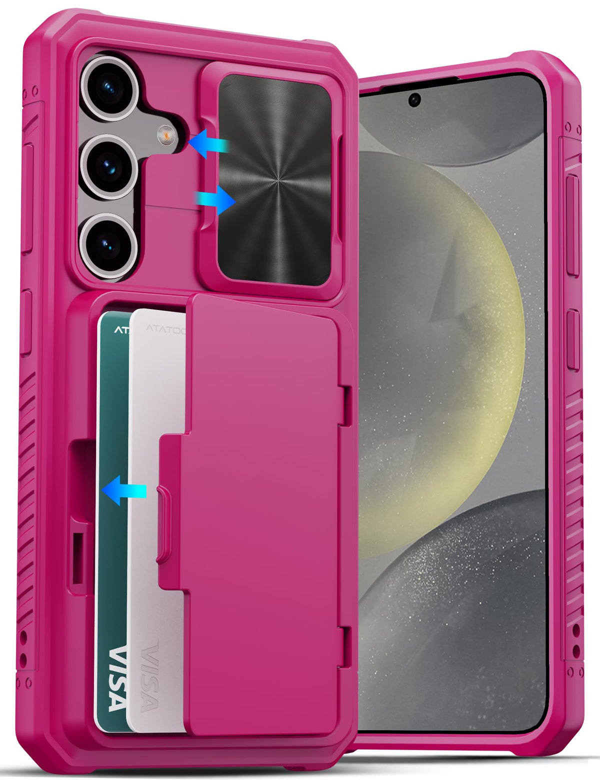 Military-grade shockproof phone case for Samsung Galaxy S24, with built-in card holder.