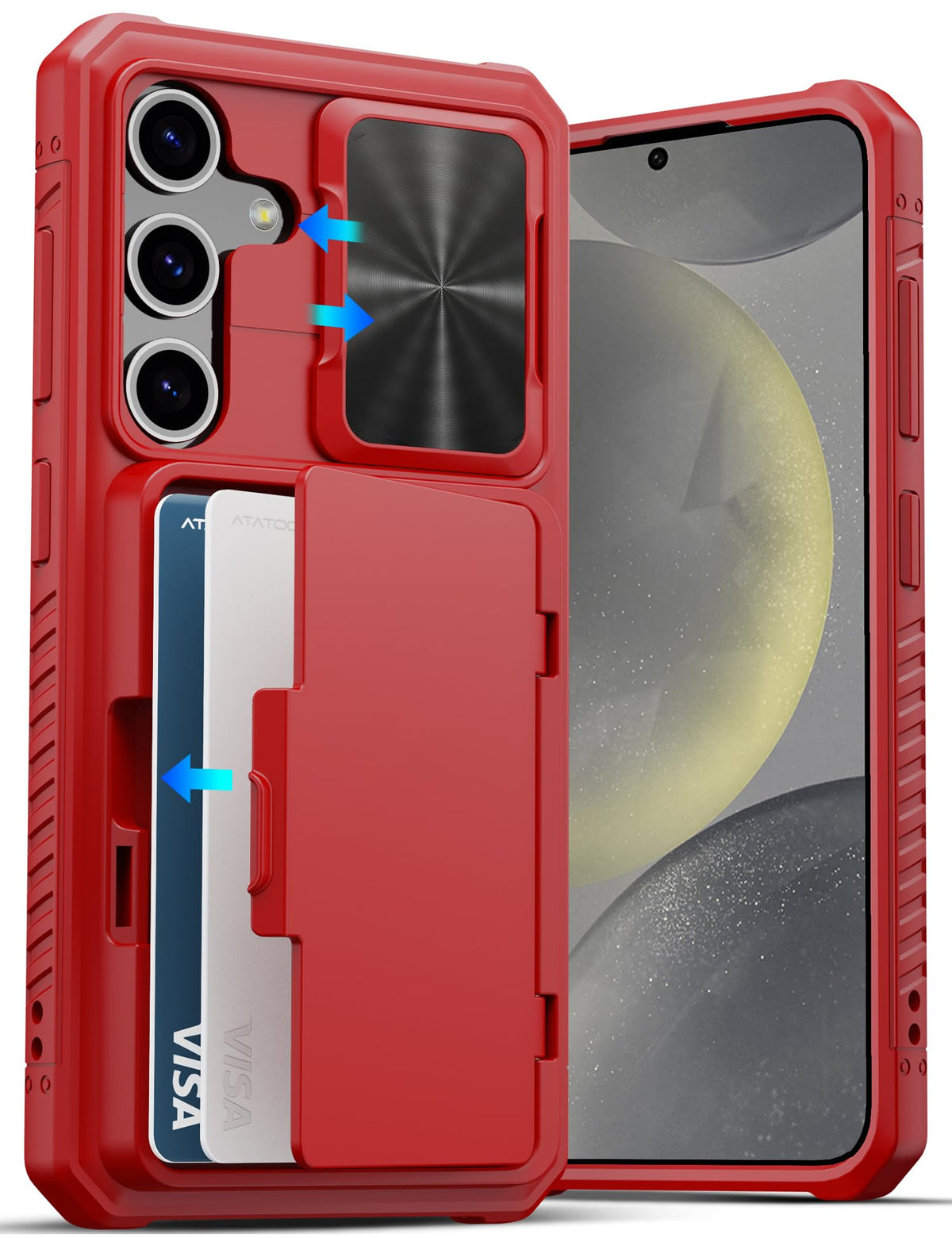 Military-grade shockproof phone case for Samsung Galaxy S24, with built-in card holder.