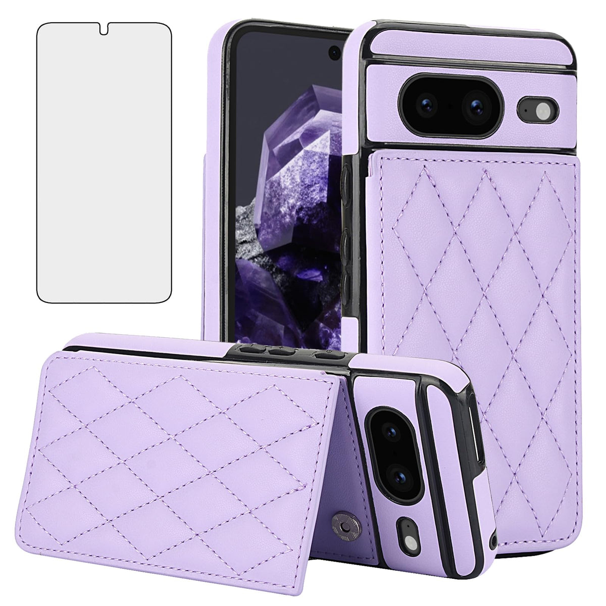 Leather Phone Case for Google Pixel 8 5G – Flip Wallet Case with Tempered Glass Screen Protector