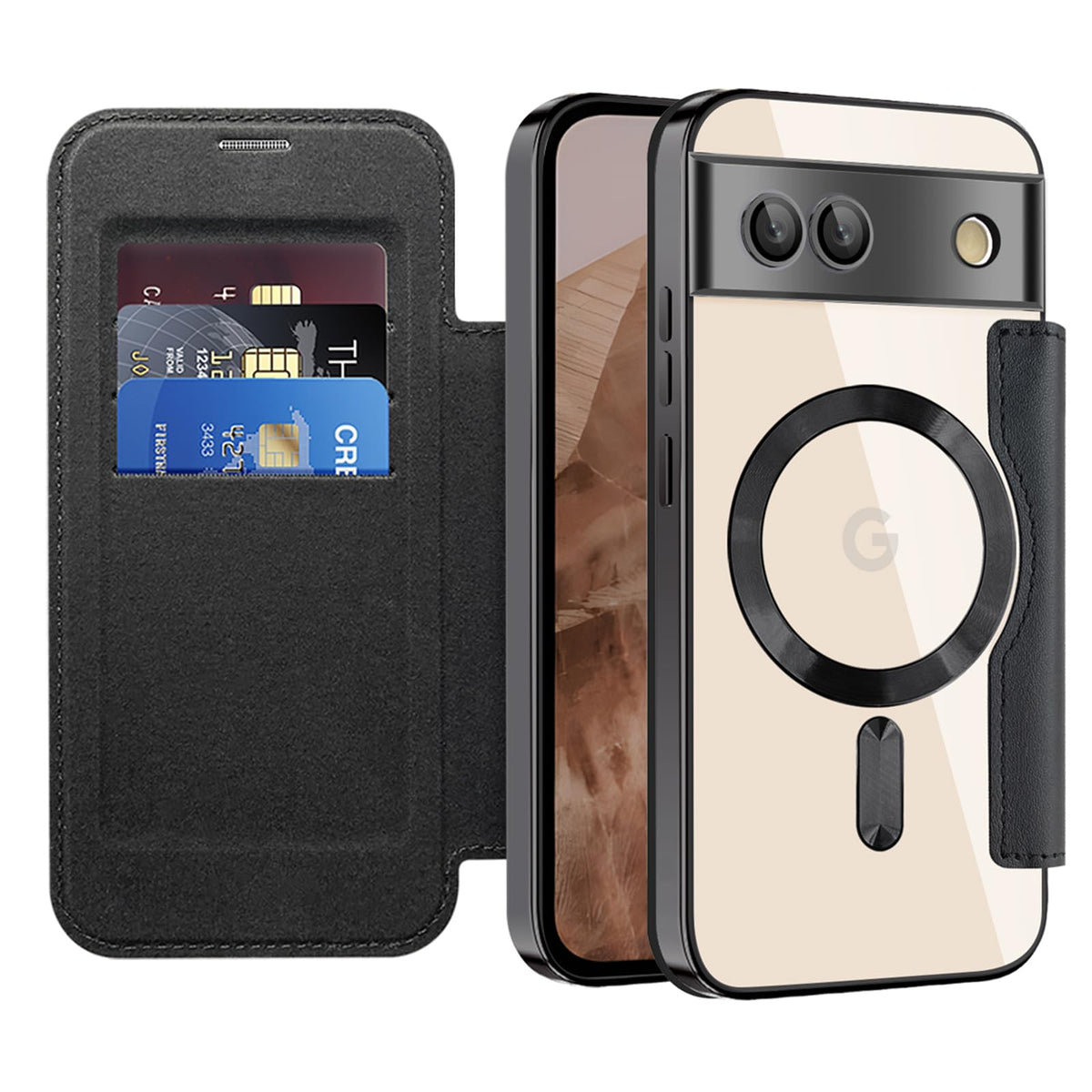 Flip wallet-style PU leather phone case for Google Pixel 10, MagSafe compatible.