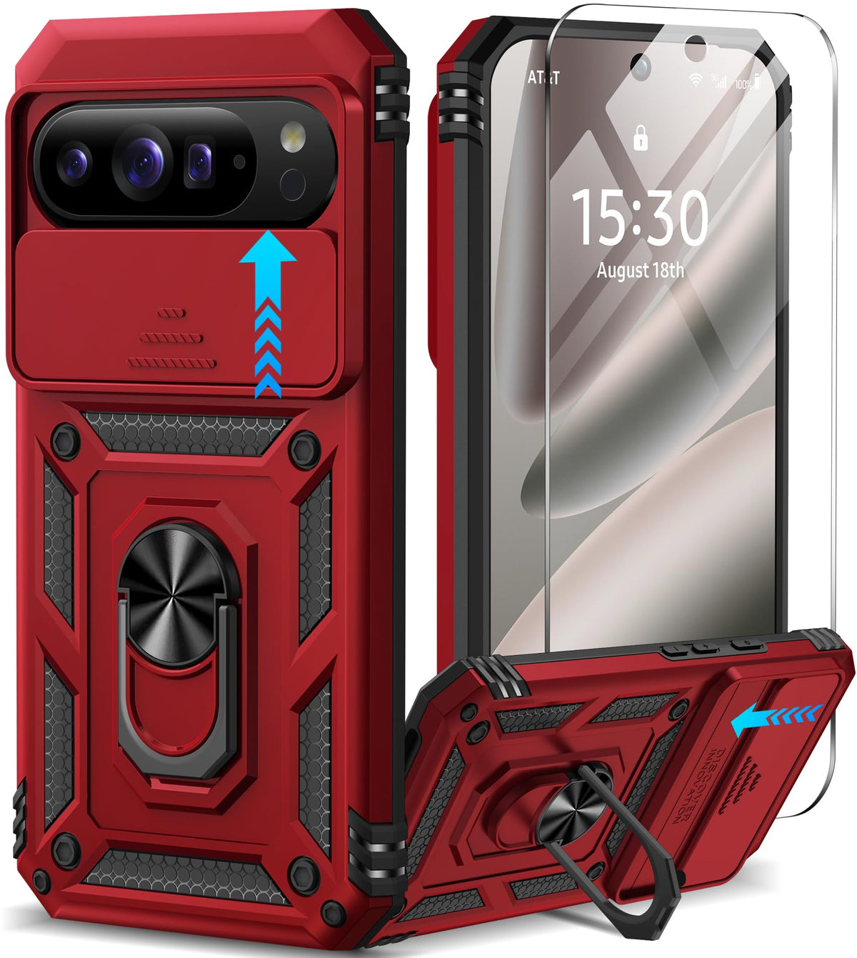 Shockproof phone case for Google Pixel 11 Pro XL with screen protector and sliding camera lens cover, and built-in 360¡ã rotating magnetic ring holder.