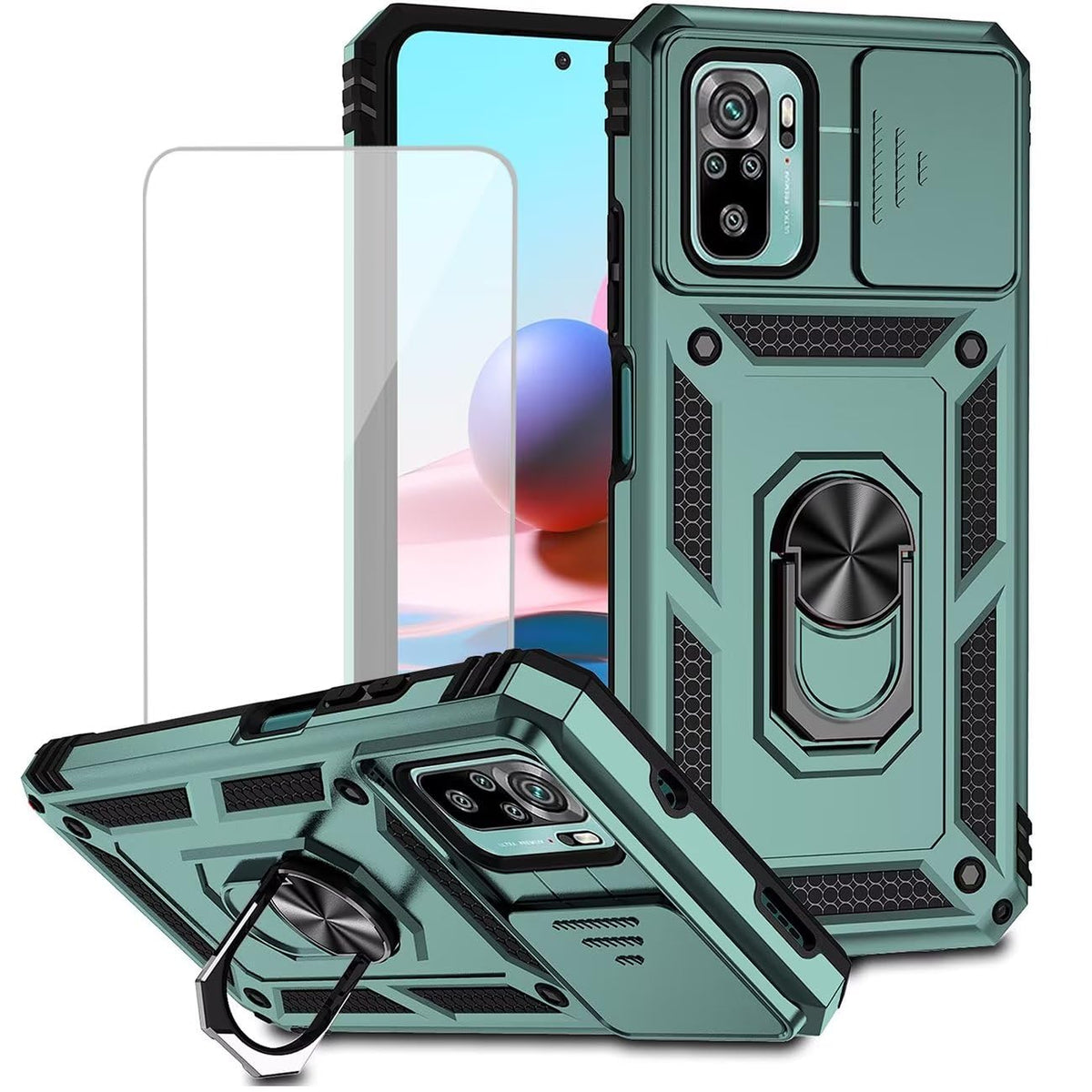 Magnetic phone case for Redmi Note 10/Redmi Note 10S/Poco M5S, with tempered glass screen protector.