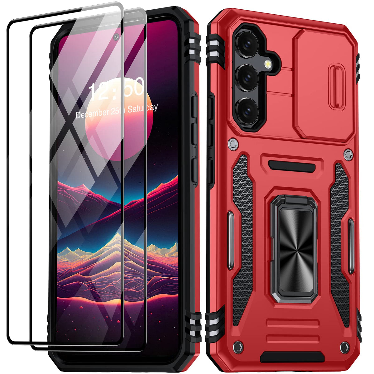 Shockproof phone case for Samsung Galaxy A55 5G, with 2 tempered glass screen protectors.
