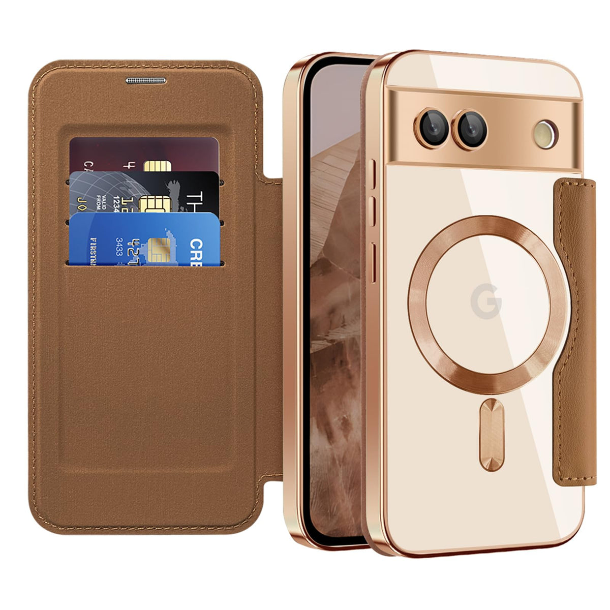 Flip wallet-style PU leather phone case for Google Pixel 10, MagSafe compatible.