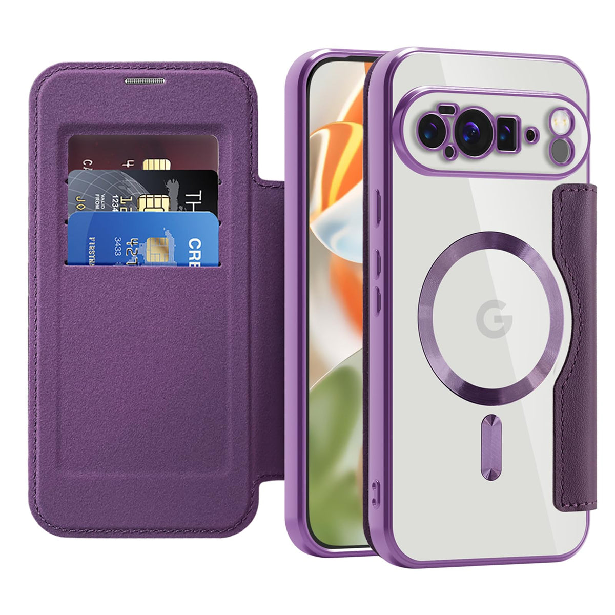 Flip wallet-style PU leather phone case for Google Pixel 10, MagSafe compatible.