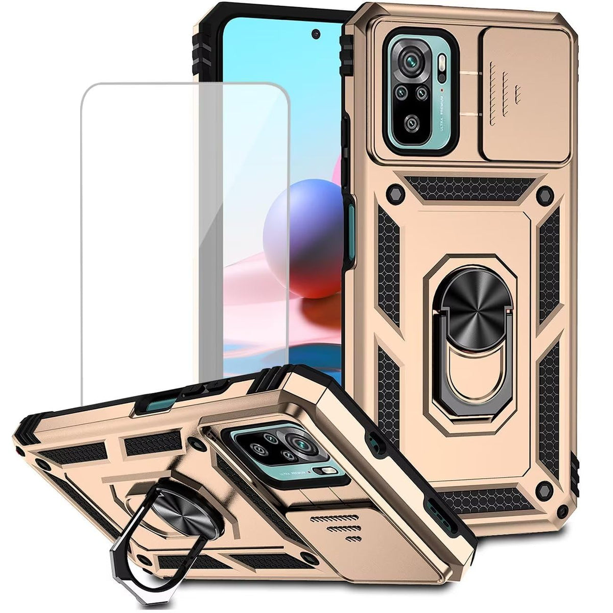 Magnetic phone case for Redmi Note 10/Redmi Note 10S/Poco M5S, with tempered glass screen protector.